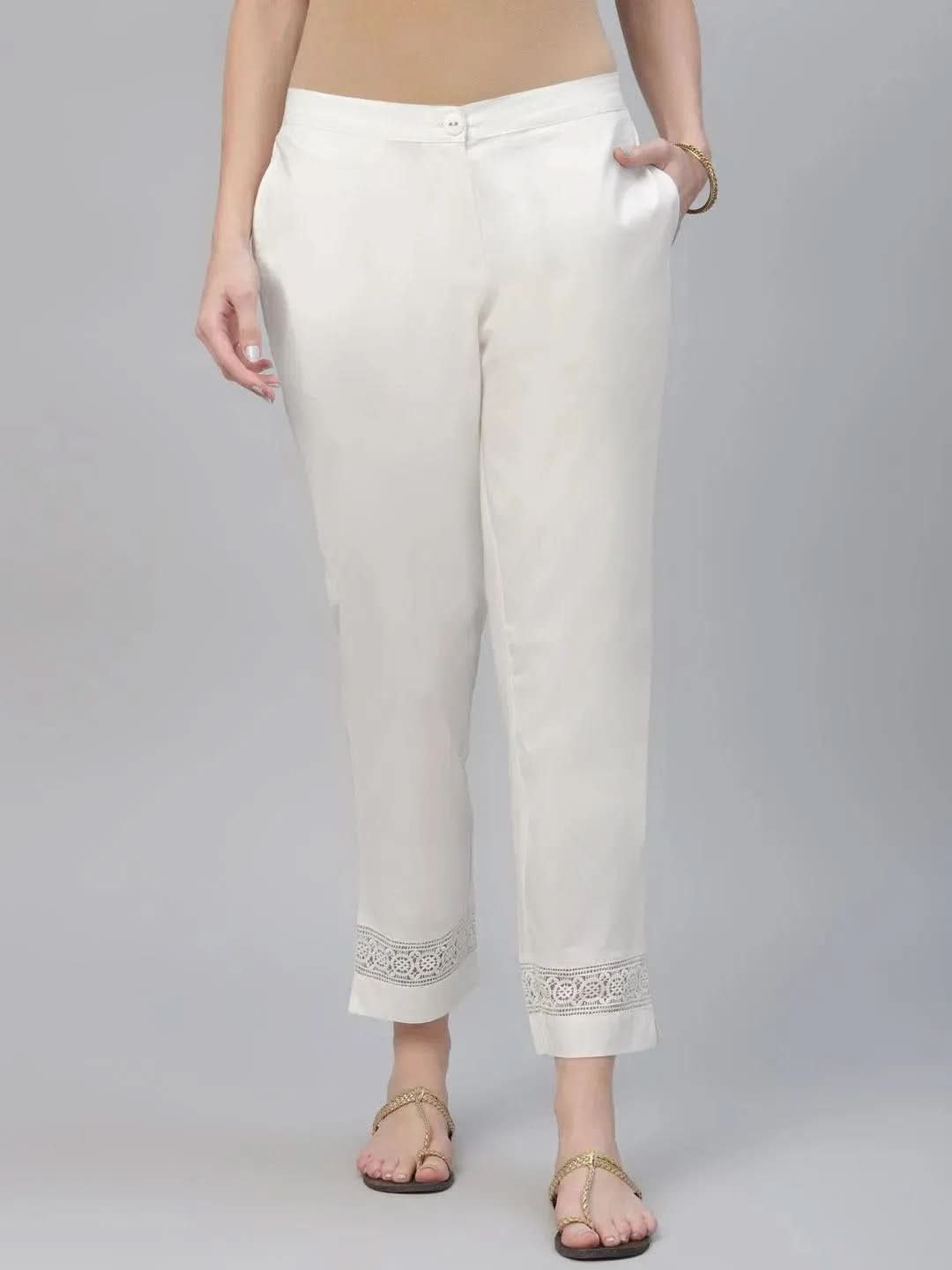 Libas Cream Solid Cotton Trousers