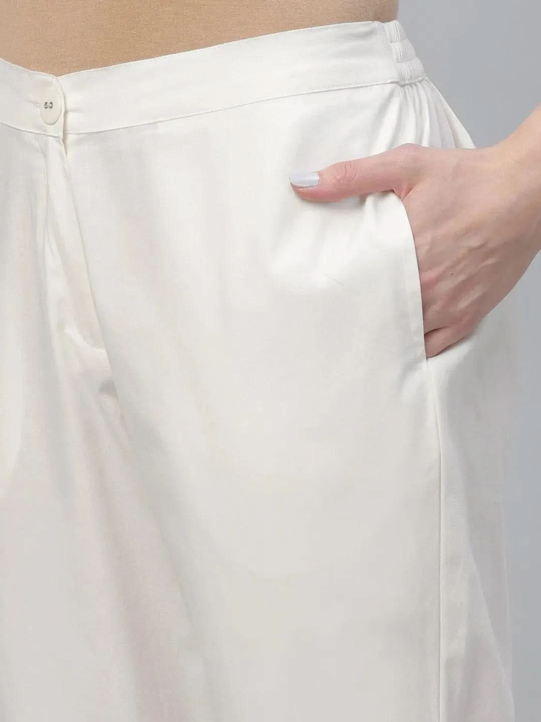 Libas Cream Solid Cotton Trousers - Image 3