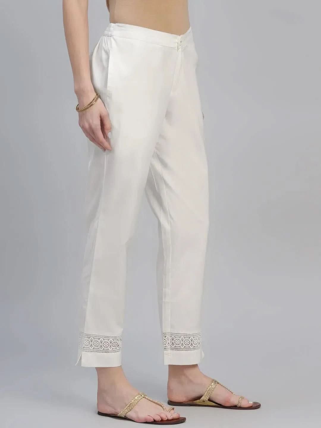 Libas Cream Solid Cotton Trousers - Image 4