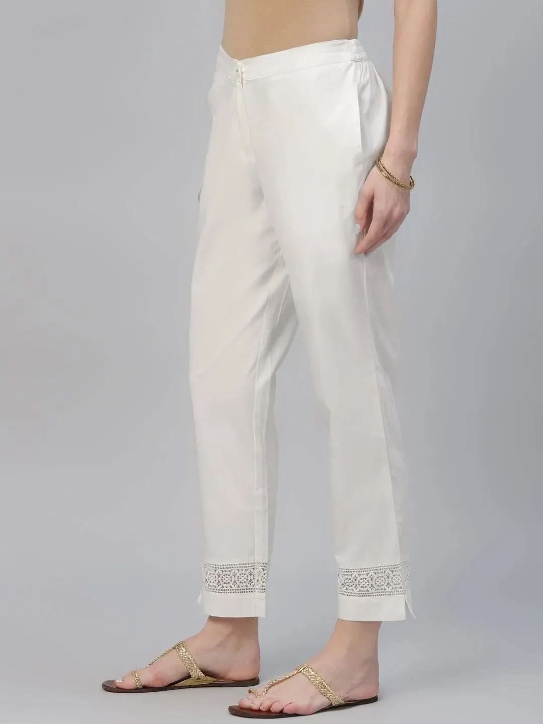 Libas Cream Solid Cotton Trousers - Image 5