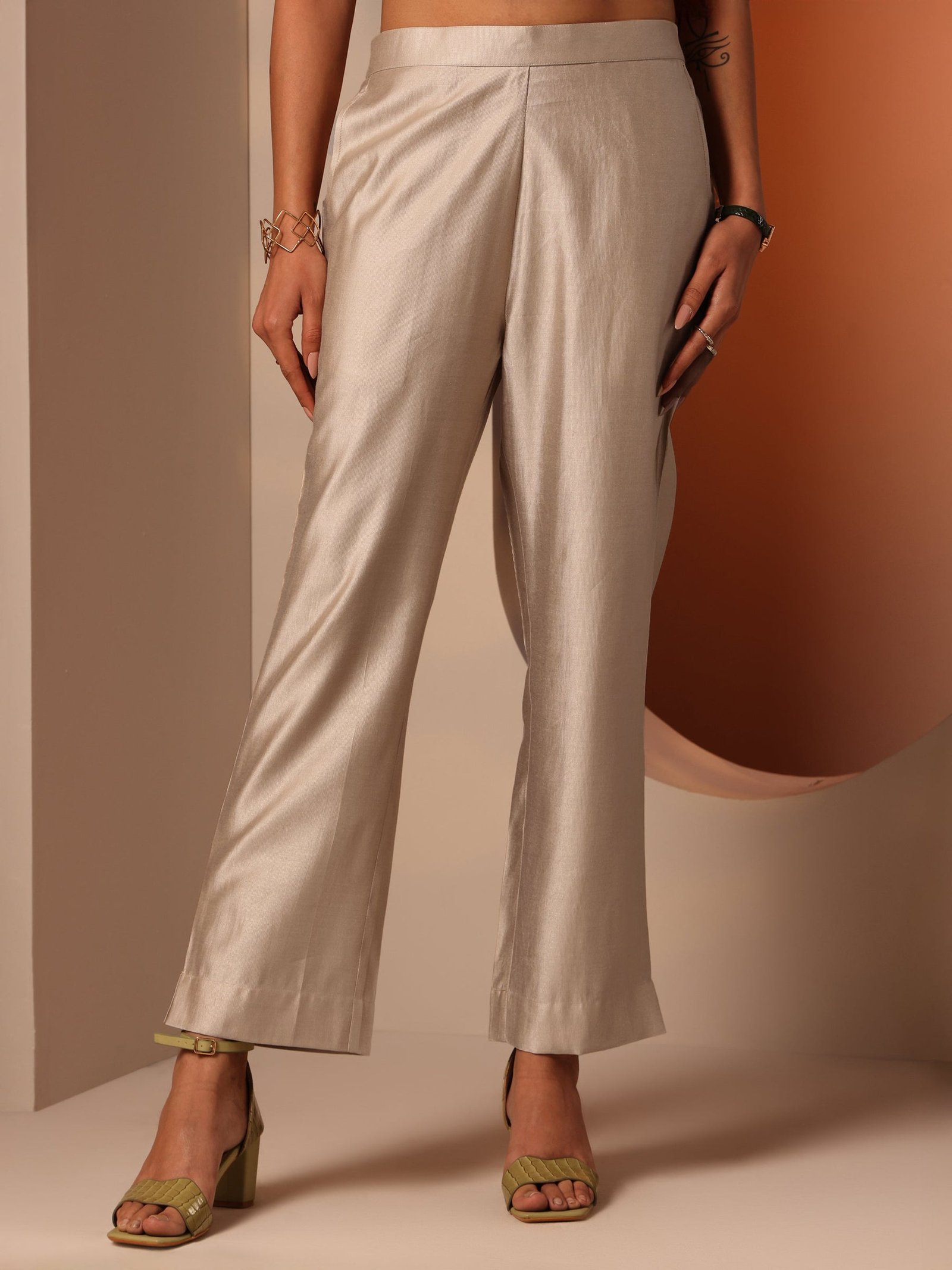 Libas Beige Solid Silk blend Trouser