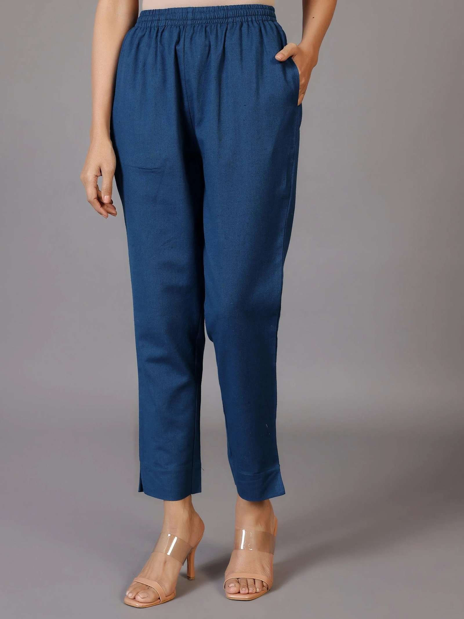 Teal Solid Cotton Trousers
