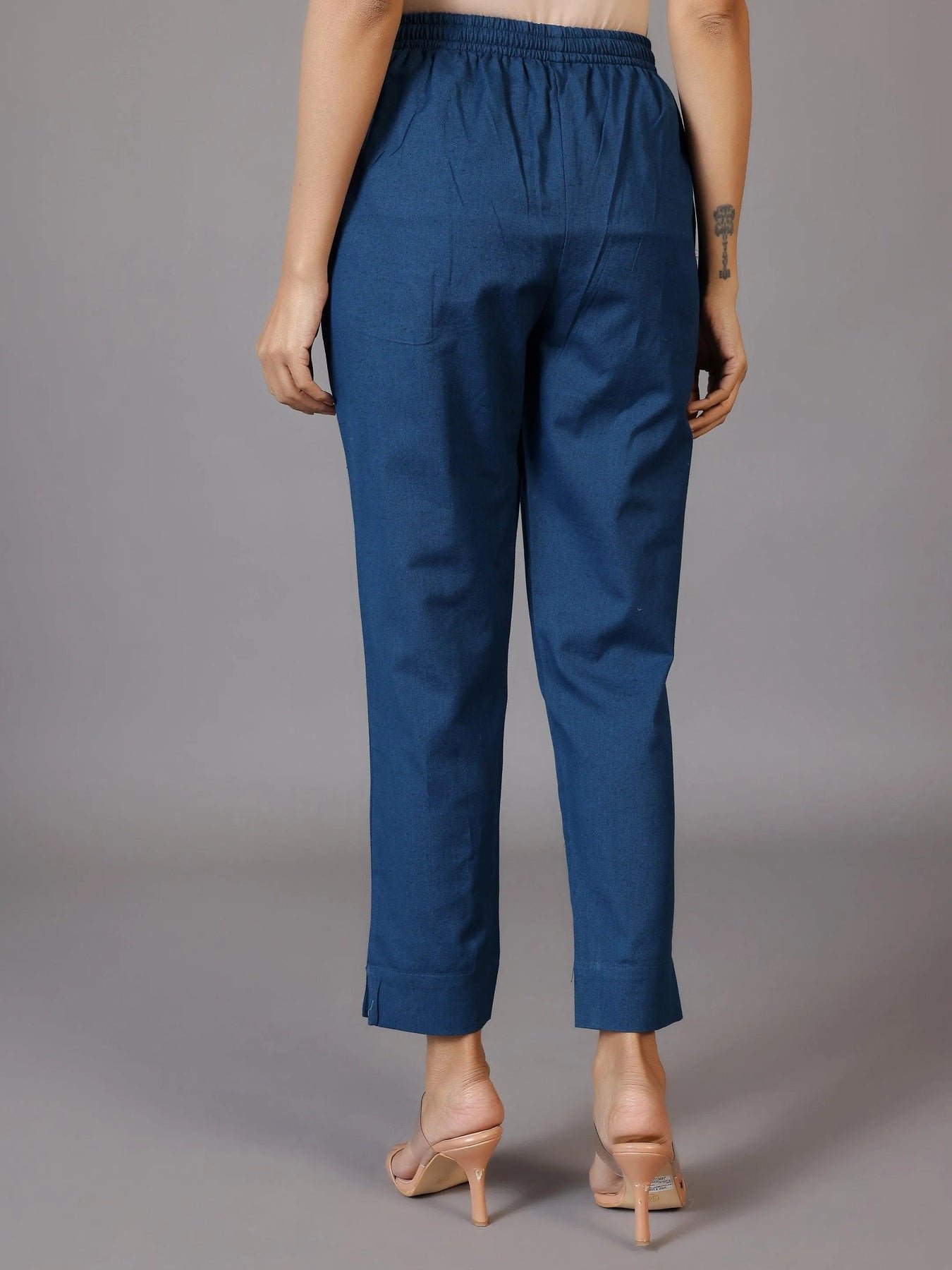 Teal Solid Cotton Trousers - Image 2