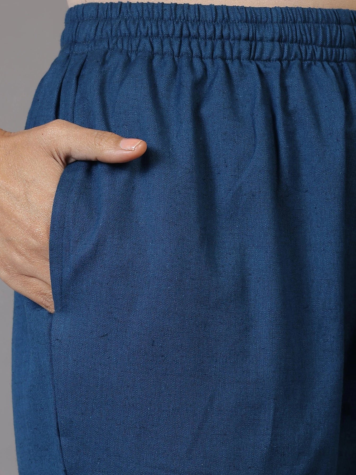 Teal Solid Cotton Trousers - Image 3