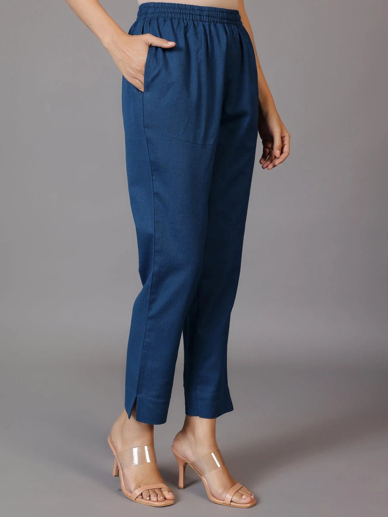 Teal Solid Cotton Trousers - Image 4