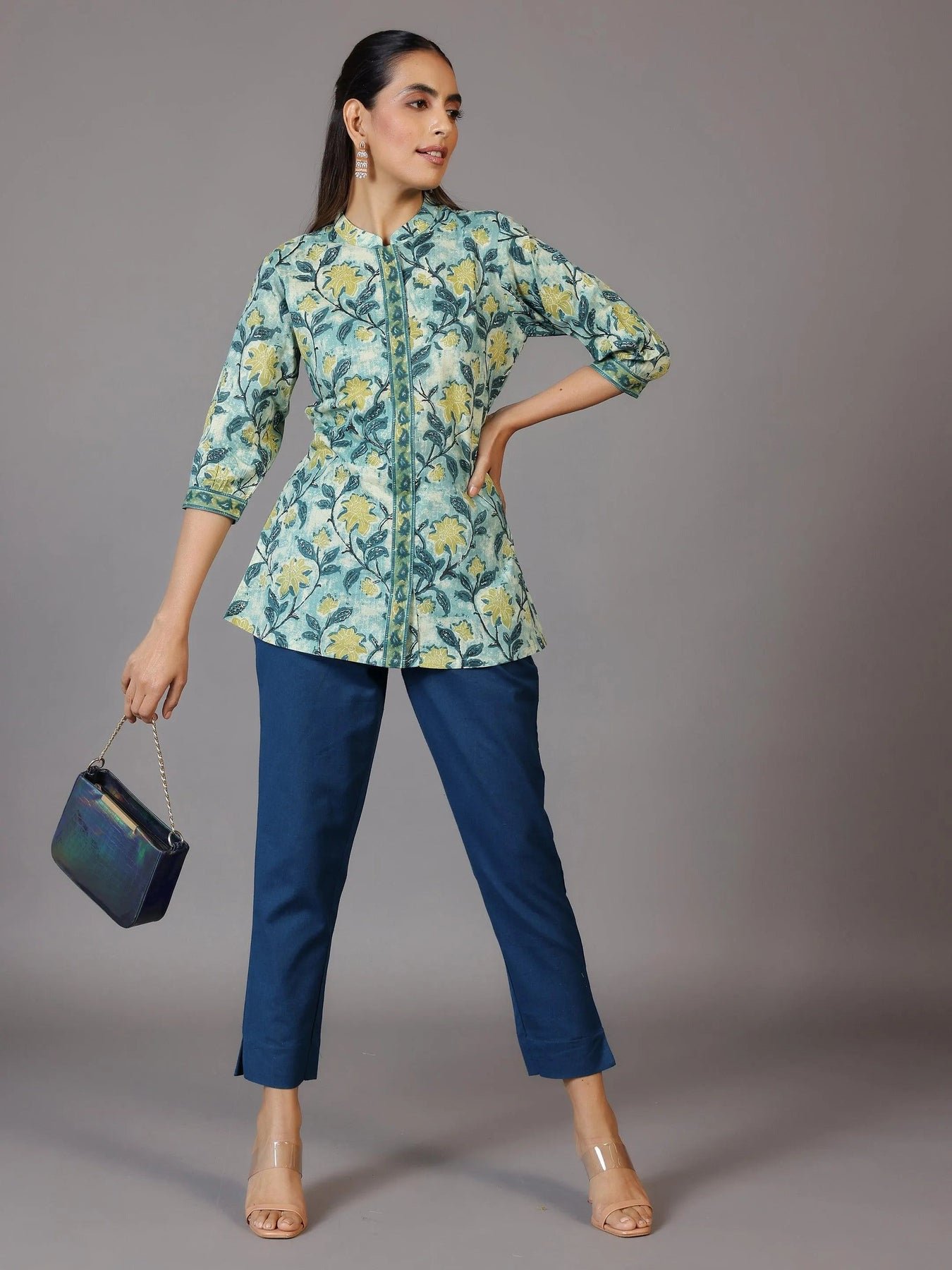 Teal Solid Cotton Trousers - Image 6