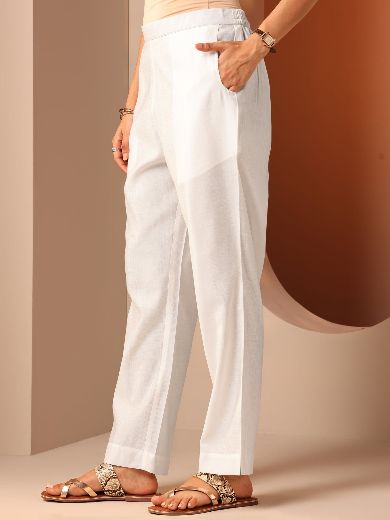 White Solid Silk Blend Trouser - Image 3