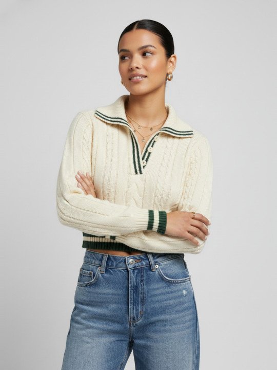 glitchez Women Cable Knit Varsity Crop Pullover