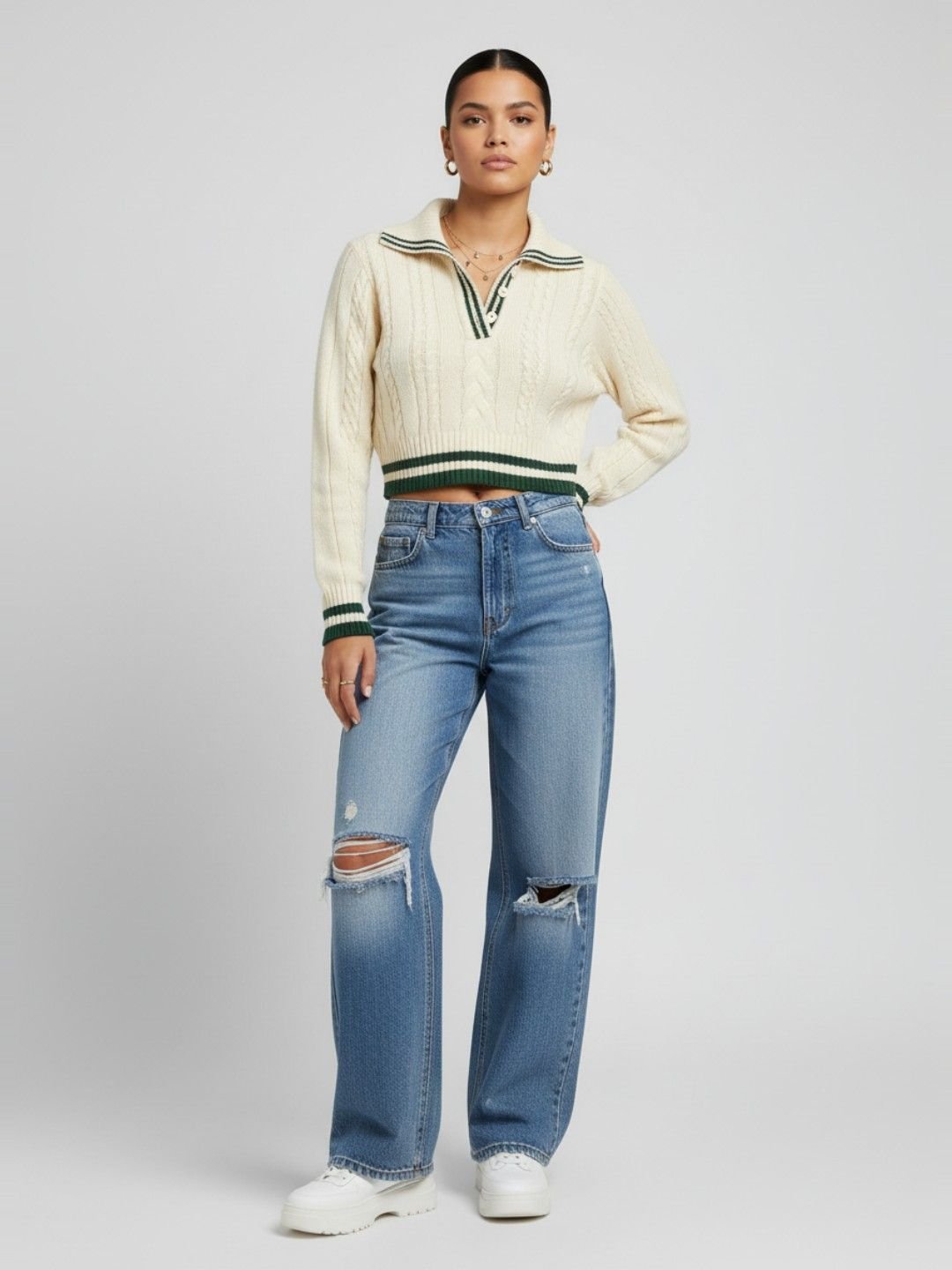 glitchez Women Cable Knit Varsity Crop Pullover - Image 4