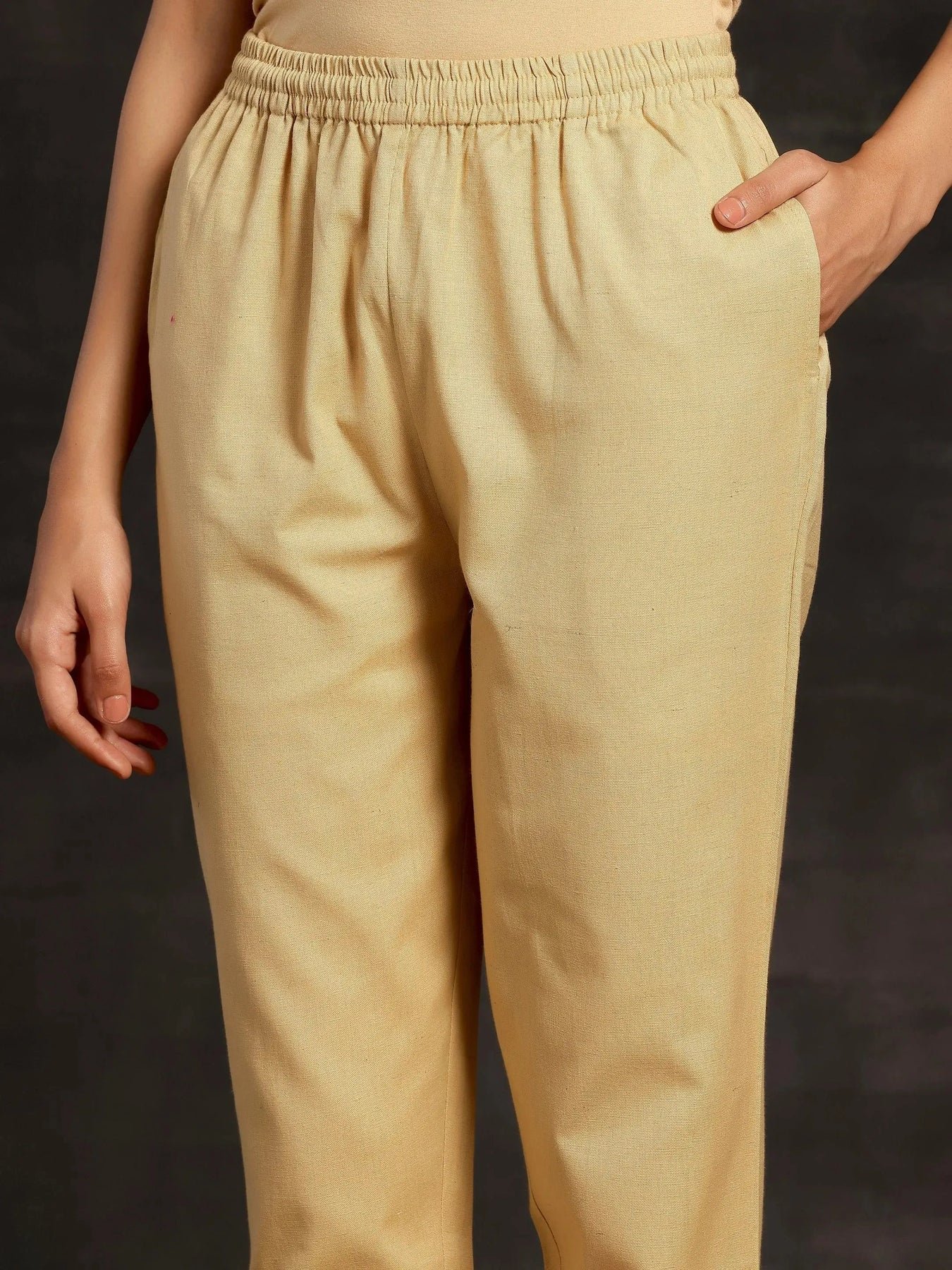 Cream Solid Cotton Straight Fit Trousers - Image 3