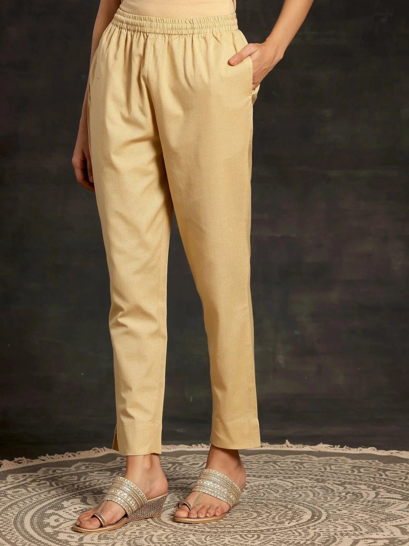 Cream Solid Cotton Straight Fit Trousers - Image 5