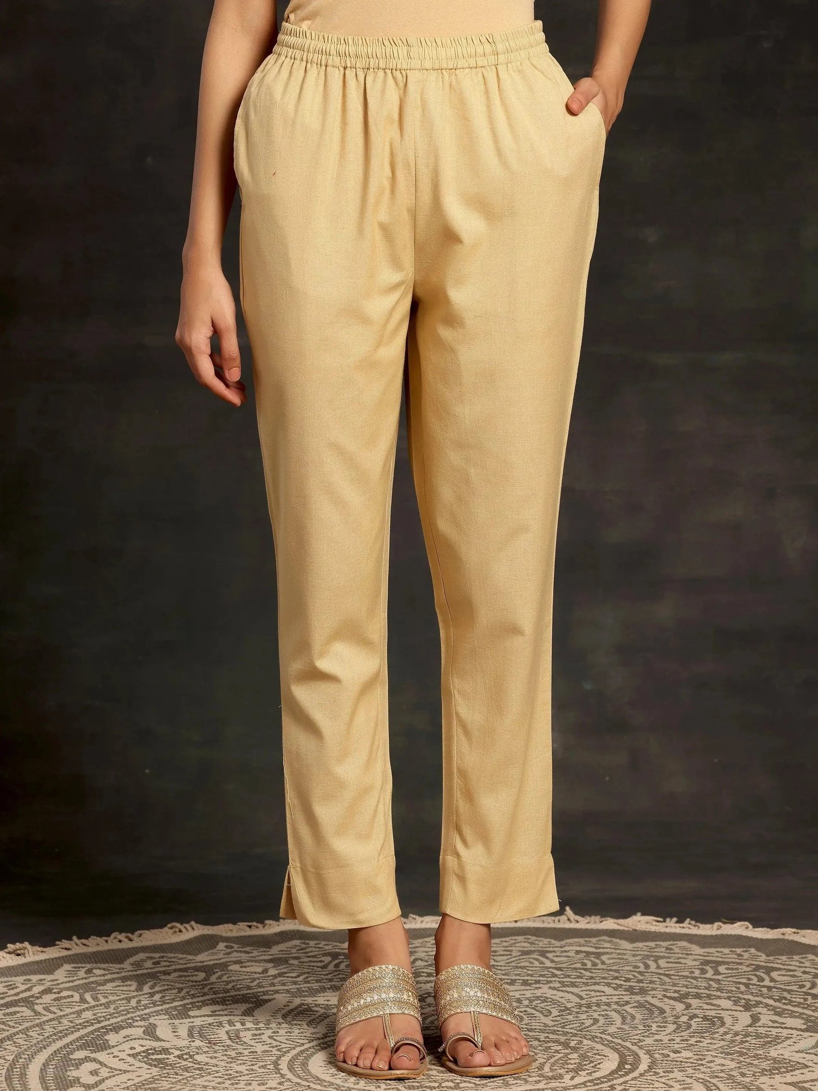 Cream Solid Cotton Straight Fit Trousers - Image 6