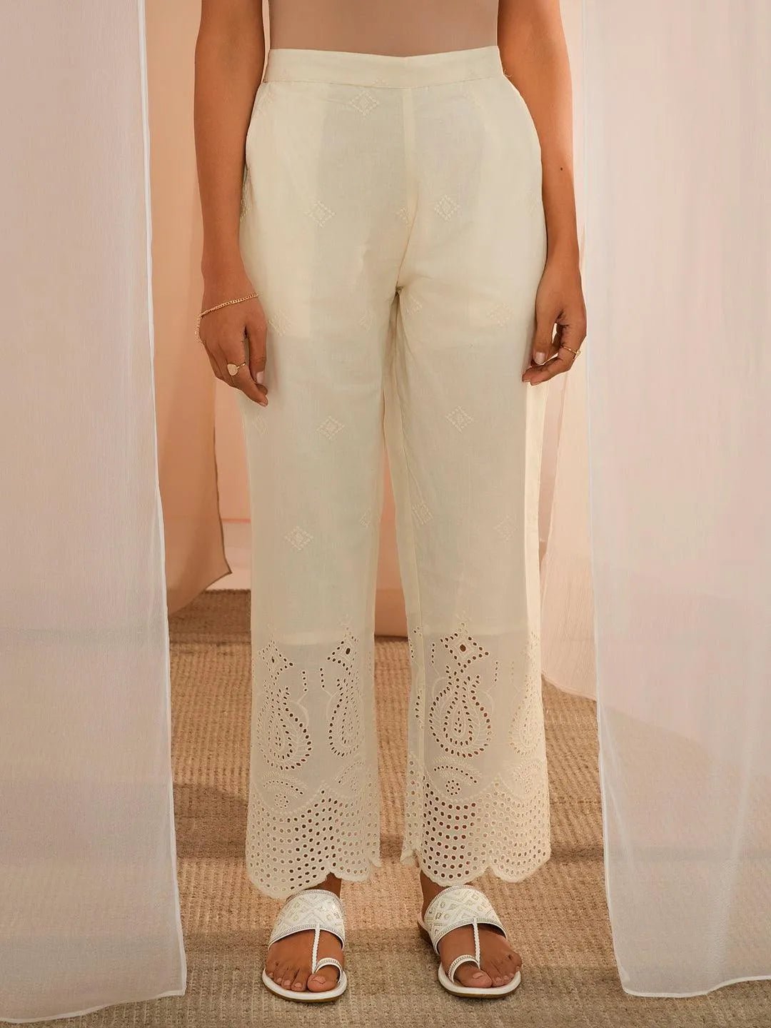 Gerua Off White Embroidered Cotton Straight Fit Palazzos