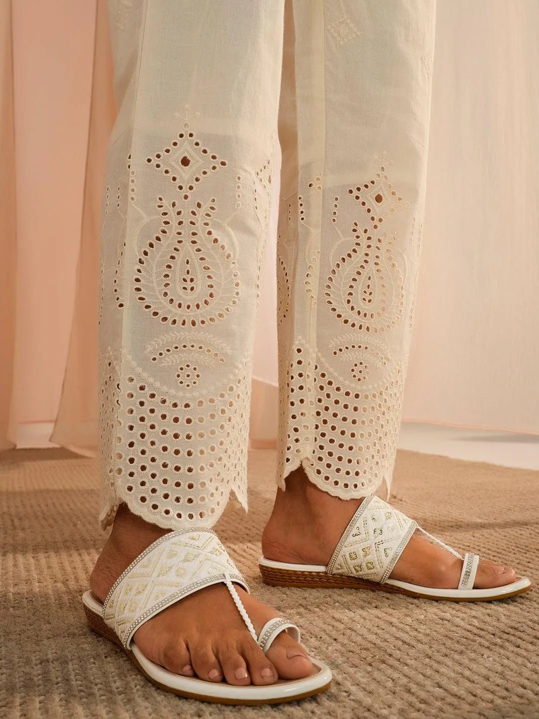 Gerua Off White Embroidered Cotton Straight Fit Palazzos - Image 4