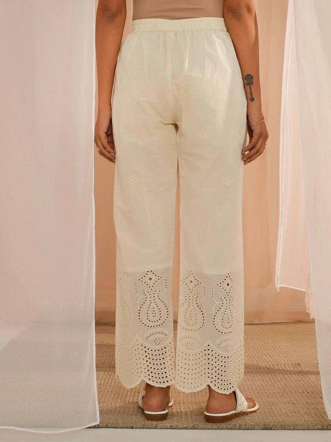 Gerua Off White Embroidered Cotton Straight Fit Palazzos - Image 5