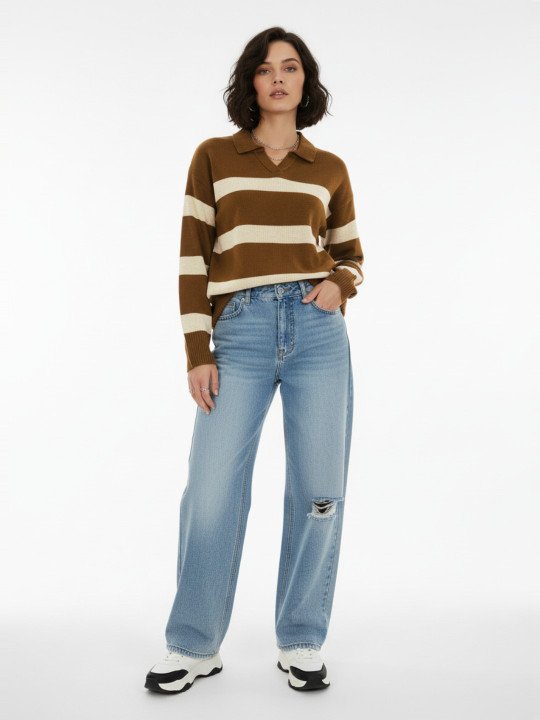 glitchez Self Striped Polo Collar Oversized Pullover - Image 4