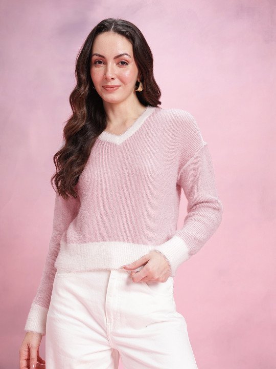 DressBerry Self Striped V-Neck Fuzzy Pullover - Image 4