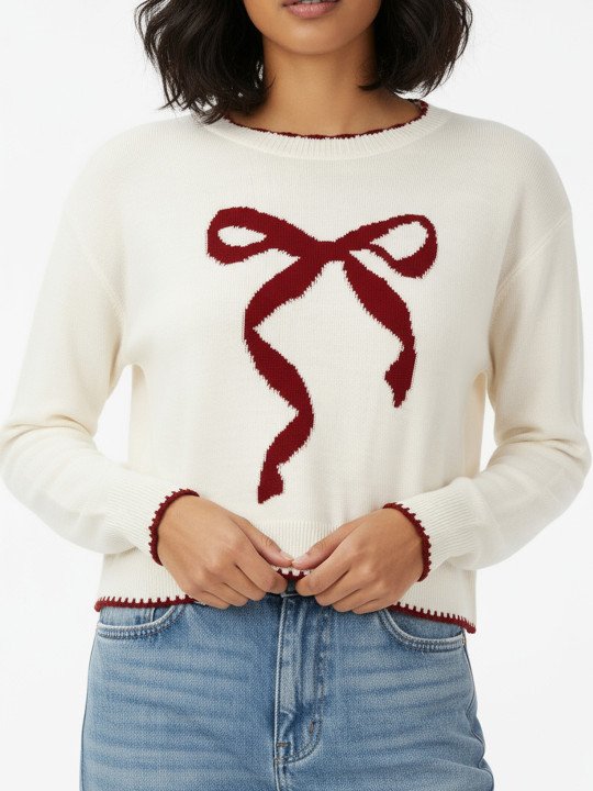 Bow Self Design Oversized Pullover with Contrast Edges - Image 2