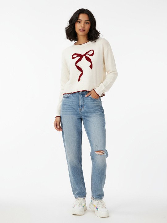 Bow Self Design Oversized Pullover with Contrast Edges - Image 4