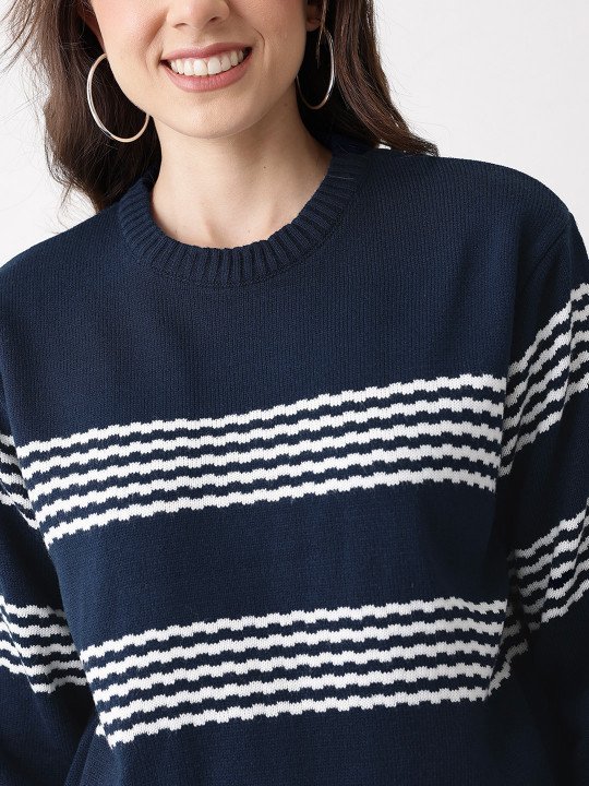 Horizontally Self-Striped Acrylic Pullover - Image 2