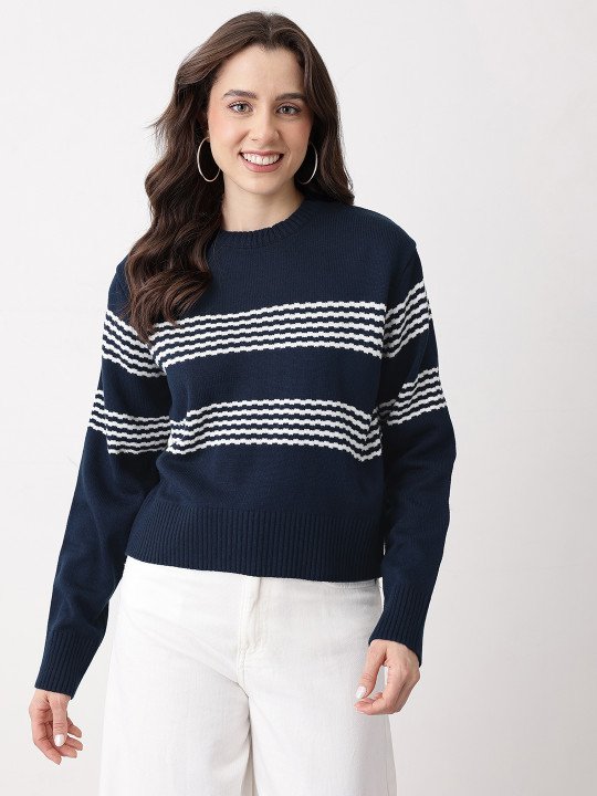 Horizontally Self-Striped Acrylic Pullover - Image 3
