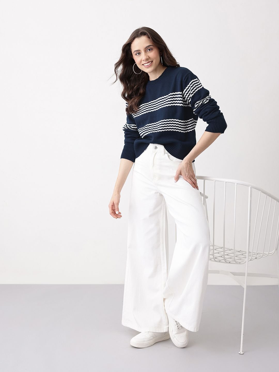 Horizontally Self-Striped Acrylic Pullover - Image 4