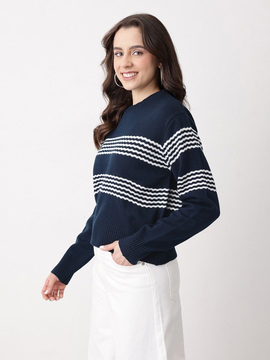 Horizontally Self-Striped Acrylic Pullover - Image 5