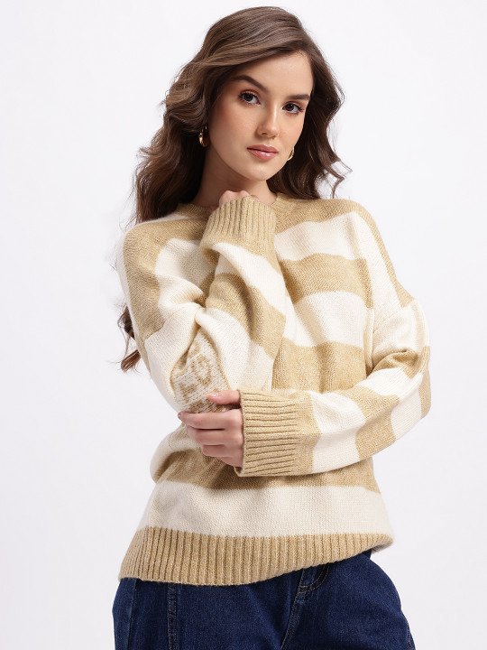 Self Design Striped Pullover with Typography Detail