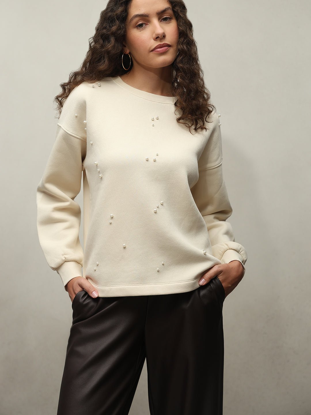 PEARL EMBELLISHED COTTON SWEATSHIRT - OFF-WHITE