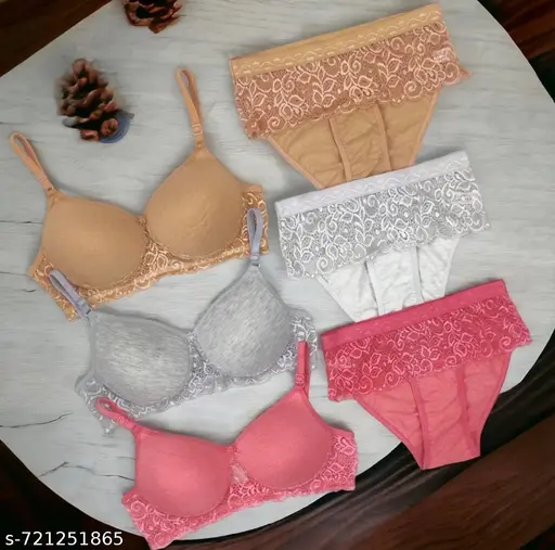 Women Cotton Lace Bra & Panty Combo Pack | Lightly Padded Non-Wired Innerwear Set