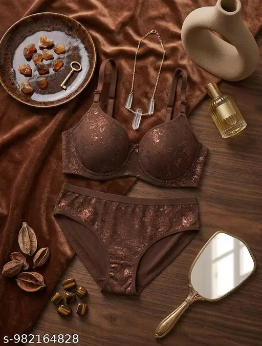 Elegant Brown Floral Lace Bra & Panty Set - Ultimate Comfort Collection. Crafted from High-Quality Fabric with Delicate Metallic Floral Embroidery,  Flattering Silhouette. Experience Luxury and Daily Comfort with this Exquisite Lingerie Set.
