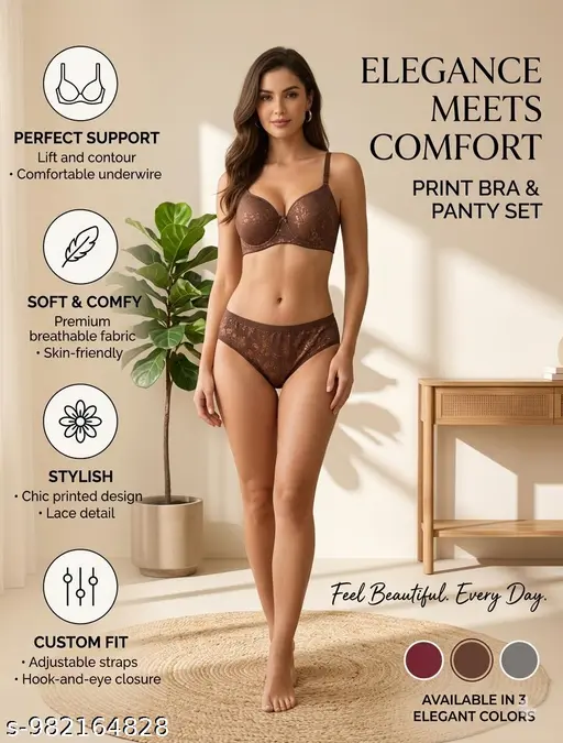 Elegant Brown Floral Lace Bra & Panty Set - Ultimate Comfort Collection. Crafted from High-Quality Fabric with Delicate Metallic Floral Embroidery,  Flattering Silhouette. Experience Luxury and Daily Comfort with this Exquisite Lingerie Set. - Image 2