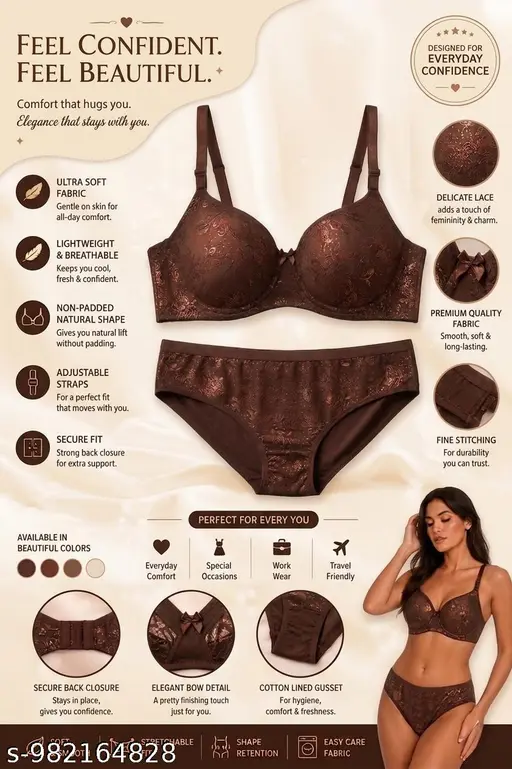 Elegant Brown Floral Lace Bra & Panty Set - Ultimate Comfort Collection. Crafted from High-Quality Fabric with Delicate Metallic Floral Embroidery,  Flattering Silhouette. Experience Luxury and Daily Comfort with this Exquisite Lingerie Set. - Image 3