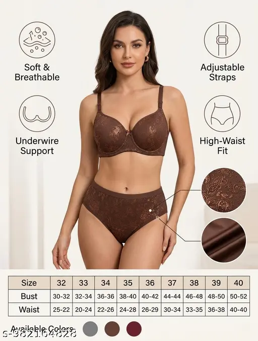 Elegant Brown Floral Lace Bra & Panty Set - Ultimate Comfort Collection. Crafted from High-Quality Fabric with Delicate Metallic Floral Embroidery,  Flattering Silhouette. Experience Luxury and Daily Comfort with this Exquisite Lingerie Set. - Image 4