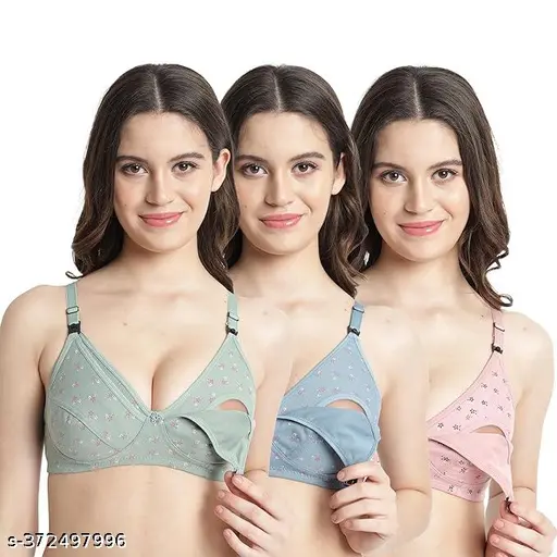 Women's Cotton Multicolor Full Cup Non Padded Feeding Bra/Nursing Bra/Maternity Bra Combo - Pack of 3