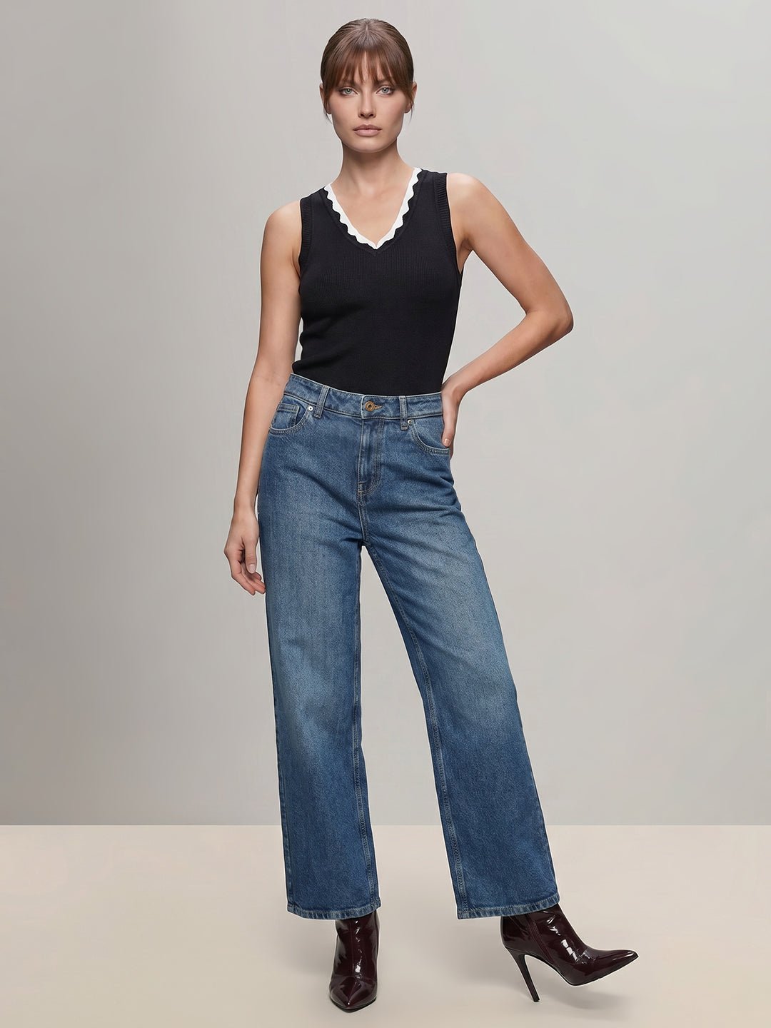 BLUE MID RISE WIDE LEG JEANS - Image 5