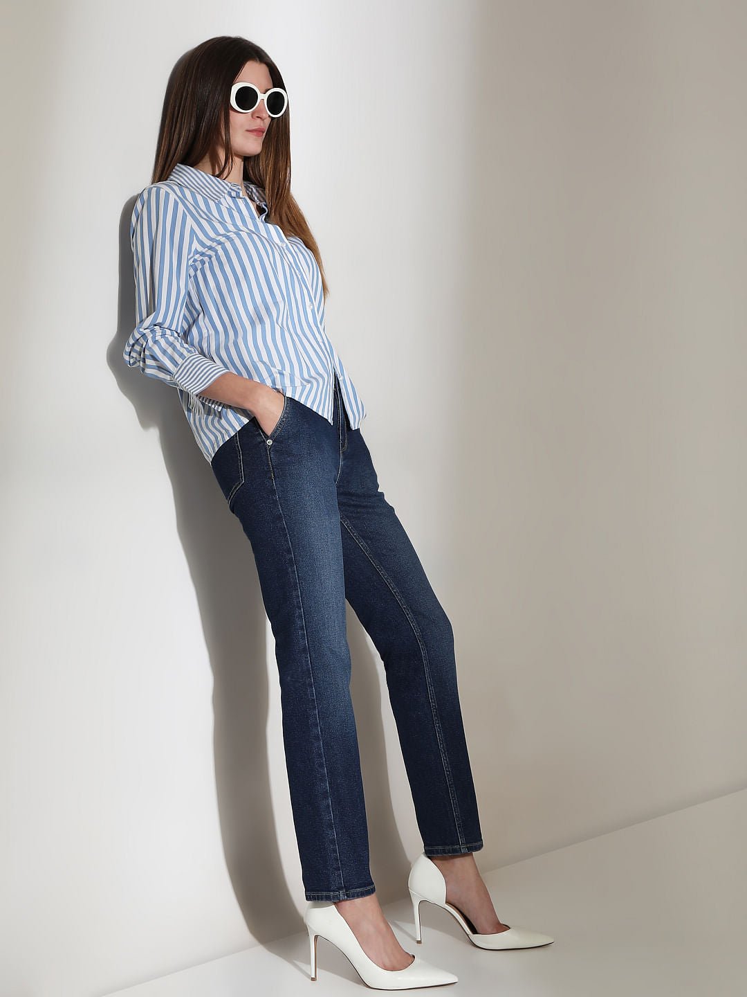 DARK BLUE HIGH RISE SKINNY FIT JEANS