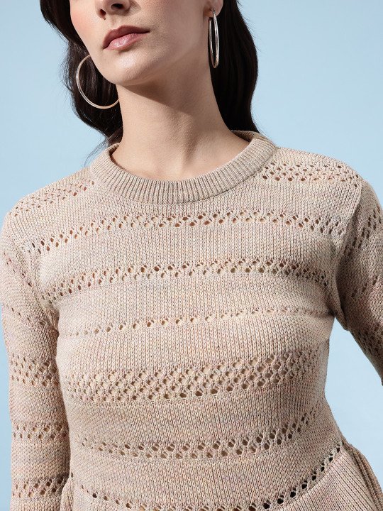 Open-Knit Acrylic Slim-Fit Peplum-Style Pullover