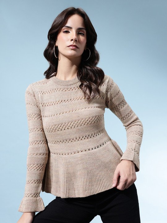 Open-Knit Acrylic Slim-Fit Peplum-Style Pullover - Image 2