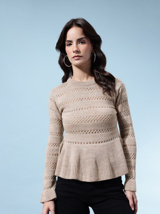Open-Knit Acrylic Slim-Fit Peplum-Style Pullover - Image 3