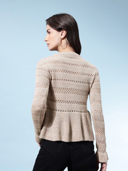 Open-Knit Acrylic Slim-Fit Peplum-Style Pullover - Image 4