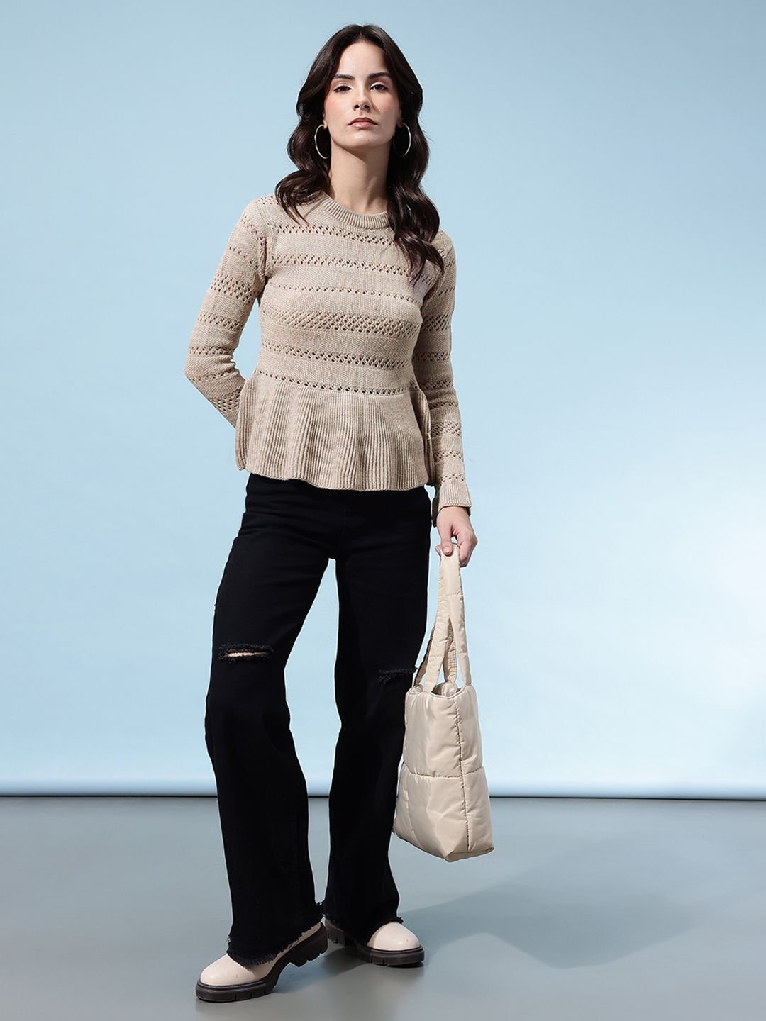 Open-Knit Acrylic Slim-Fit Peplum-Style Pullover - Image 5