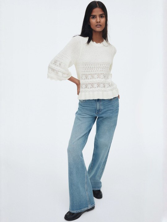 Women Frill-Trimmed Pointelle-Knit Jumper
