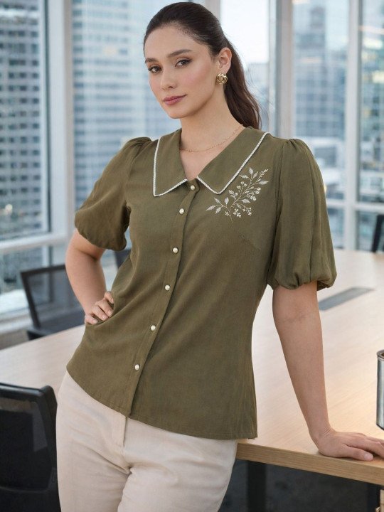 Peter Pan Collar Puff Sleeve Crepe Shirt Style Top