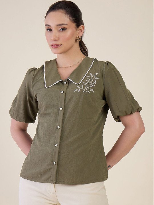 Peter Pan Collar Puff Sleeve Crepe Shirt Style Top - Image 2