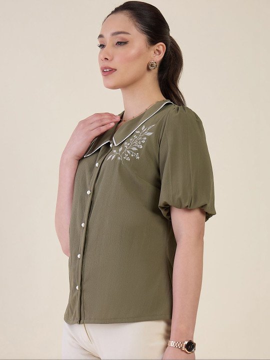 Peter Pan Collar Puff Sleeve Crepe Shirt Style Top - Image 3