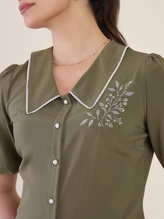 Peter Pan Collar Puff Sleeve Crepe Shirt Style Top - Image 4