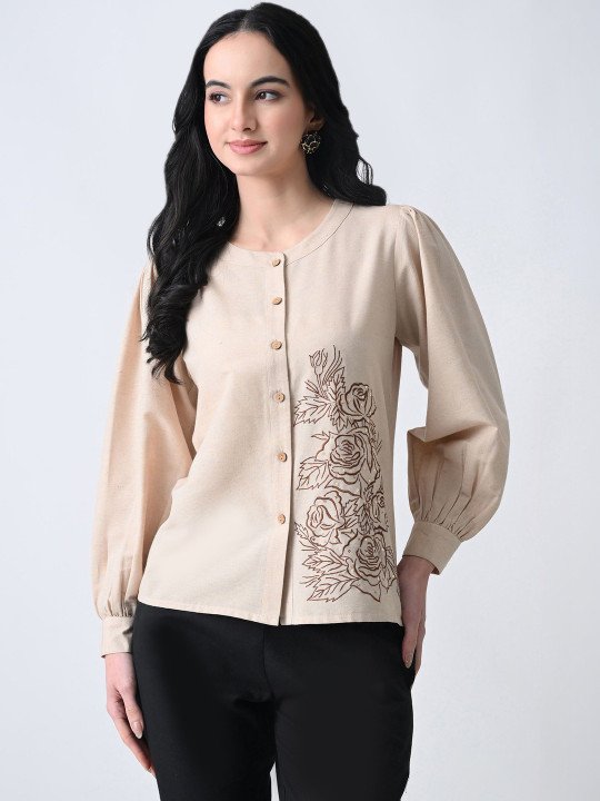 Floral Embroidered Puff Sleeve Cotton Top