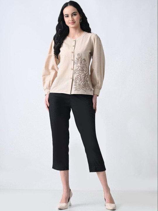 Floral Embroidered Puff Sleeve Cotton Top - Image 4