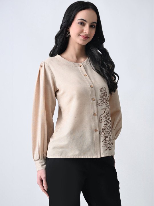 Floral Embroidered Puff Sleeve Cotton Top - Image 6